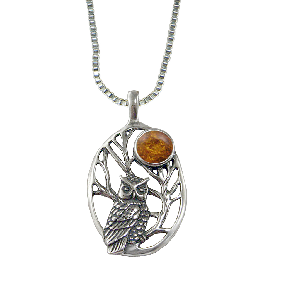 Sterling Silver Sacred Owl Pendant With Amber